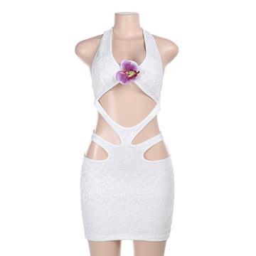Summer New Slingted Flowers Hollow Beach Bag Hip Skirt High-End Neck Holiday Skirt DJPT